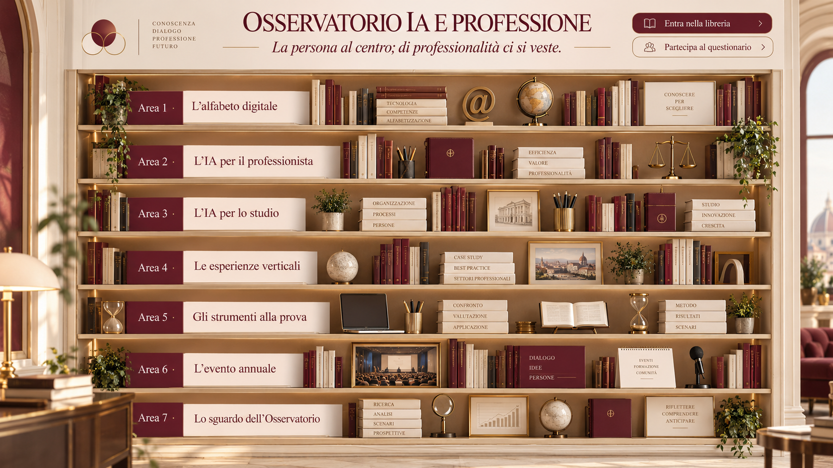 Biblioteca dell’Osservatorio con sette ripiani tematici, libri e oggetti della professione